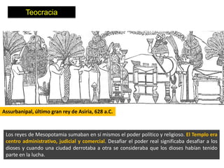 Teocracia




Assurbanipal, último gran rey de Asiria, 628 a.C.



 Los reyes de Mesopotamia sumaban en sí mismos el poder político y religioso. El Templo era
 centro administrativo, judicial y comercial. Desafiar el poder real significaba desafiar a los
 dioses y cuando una ciudad derrotaba a otra se consideraba que los dioses habían tenido
 parte en la lucha.
 