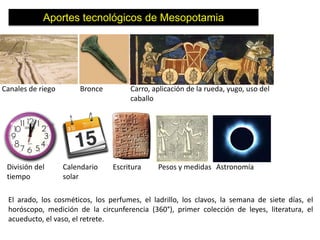 Aportes tecnológicos de Mesopotamia




Canales de riego       Bronce        Carro, aplicación de la rueda, yugo, uso del
                                     caballo




 División del      Calendario   Escritura     Pesos y medidas Astronomía
 tiempo            solar

 El arado, los cosméticos, los perfumes, el ladrillo, los clavos, la semana de siete días, el
 horóscopo, medición de la circunferencia (360°), primer colección de leyes, literatura, el
 acueducto, el vaso, el retrete.
 