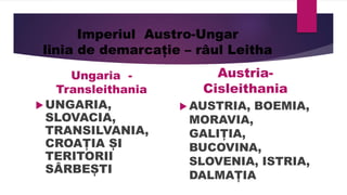 Imperiul Austro-Ungar
linia de demarcație – râul Leitha
Ungaria -
Transleithania
UNGARIA,
SLOVACIA,
TRANSILVANIA,
CROAȚIA ȘI
TERITORII
SÂRBEȘTI
Austria-
Cisleithania
 AUSTRIA, BOEMIA,
MORAVIA,
GALIȚIA,
BUCOVINA,
SLOVENIA, ISTRIA,
DALMAȚIA
 
