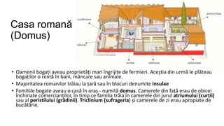Casa romană
(Domus)
• Oamenii bogați aveau proprietăți mari îngrijite de fermieri. Aceștia din urmă le plăteau
bogaților o rentă în bani, mâncare sau animale.
• Majoritatea romanilor trăiau la țară sau în blocuri denumite insulae
• Familiile bogate aveau o casă în oraș - numită domus. Camerele din față erau de obicei
închiriate comercianților, în timp ce familia trăia în camerele din jurul atriumului (curții)
sau al peristilului (grădinii). Triclinium (sufrageria) și camerele de zi erau apropiate de
bucătărie.
 