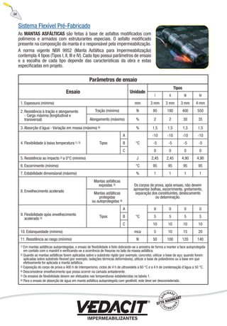 Sistema Flexível Pré-Fabricado
As MANTAS ASFÁLTICAS são feitas à base de asfaltos modiﬁcados com
polímeros e armados com estruturantes especiais. O asfalto modiﬁcado
presente na composição da manta é o responsável pela impermeabilização.
A norma vigente NBR 9952 (Manta Asfáltica para Impermeabilização)
contempla 4 tipos (Tipos I, II, III e IV). Cada tipo possui parâmetros de ensaio
e a escolha de cada tipo depende das características da obra e estas
especiﬁcadas em projeto.
Parâmetros de ensaio
Ensaio Unidade
Tipos
I II III IV
1. Espessura (mínimo) mm 3 mm 3 mm 3 mm 4 mm
2. Resistência à tração e alongamento
- Carga máxima (longitudinal e
transversal)
Tração (mínimo) N 80 180 400 550
Alongamento (máximo) % 2 2 30 35
3. Absorção d’água - Variação em massa (máximo) 6) % 1,5 1,5 1,5 1,5
4. Flexibilidade à baixa temperatura 1), 5) Tipos
A
°C
-10 -10 -10 -10
B -5 -5 -5 -5
C 0 0 0 0
5. Resistência ao impacto 2) a 0°C (mínimo) J 2,45 2,45 4,90 4,90
6. Escorrimento (mínimo) °C 95 95 95 95
7. Estabilidade dimensional (máximo) % 1 1 1 1
8. Envelhecimento acelerado
Mantas asfálticas
expostas 3) Os corpos de prova, após ensaio, não devem
apresentar bolhas, escorrimento, gretamento,
separação dos constituintes, deslocamento
ou delaminação.
Mantas asfálticas
protegidas
ou autoprotegidas 4)
9. Flexibilidade após envelhecimento
acelerado 5) Tipos
A
°C
0 0 0 0
B 5 5 5 5
C 10 10 10 10
10. Estanqueidade (mínimo) mca 5 10 15 20
11. Resistência ao rasgo (mínimo) N 50 100 120 140
1) Em mantas asfálticas autoprotegidas, o ensaio de ﬂexibilidade é feito dobrando-se a amostra de forma a manter a face autoprotegida
em contato com o mandril e veriﬁcando-se a ocorrência de ﬁssuras no lado da massa asfáltica.
2) Quando as mantas asfálticas forem aplicadas sobre o substrato rígido (por exemplo, concreto), utilizar a base de aço; quando forem
aplicadas sobre substrato ﬂexível (por exemplo, isolações térmicas deformáveis), utilizar a base de poliestireno ou a base em que
efetivamente for aplicada a manta asfáltica.
3) Exposição do corpo de prova a 400 h de intemperismo, ciclos de 4 h de ultravioleta a 60 °C e a 4 h de condensação d’água a 50 °C.
4) Desconsiderar envelhecimento que possa ocorrer na camada antiaderente.
5) Os ensaios de ﬂexibilidade devem ser efetuados nas temperaturas estabelecidas na tabela 1.
6) Para o ensaio de absorção de água em manta asfáltica autoprotegida com geotêxtil, este deve ser desconsiderado.
54
 