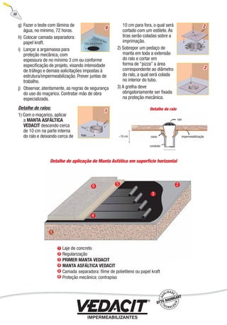 g) Fazer o teste com lâmina de
água, no mínimo, 72 horas.
h) Colocar camada separadora:
papel kraft.
i) Lançar a argamassa para
proteção mecânica, com
espessura de no mínimo 3 cm ou conforme
especiﬁcação de projeto, visando intensidade
de tráfego e demais solicitações impostas à
estrutura/impermeabilização. Prever juntas de
trabalho.
j) Observar, atentamente, as regras de segurança
do uso do maçarico. Contratar mão de obra
especializada.
Detalhe de ralos:
1) Com o maçarico, aplicar
a MANTA ASFÁLTICA
VEDACIT descendo cerca
de 10 cm na parte interna
do ralo e deixando cerca de
10 cm para fora, o qual será
cortado com um estilete. As
tiras serão coladas sobre a
imprimação.
2) Sobrepor um pedaço de
manta em toda a extensão
do ralo e cortar em
forma de “pizza” a área
correspondente ao diâmetro
do ralo, a qual será colada
no interior do tubo.
3) A grelha deve
obrigatoriamente ser ﬁxada
na proteção mecânica.
Detalhe de aplicação de Manta Asfática em superfície horizontal
g
2
1 Detalhe de ralo
2
58
 