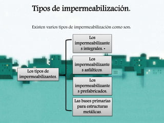 Tipos de impermeabilización.
Existen varios tipos de impermeabilización como son:
Los
impermeabilizante
s integrales. •
Los
impermeabilizante
s asfálticos.
Los
impermeabilizante
s prefabricados.
Las bases primarias
para estructuras
metálicas.
Los tipos de
impermeabilizantes.
 