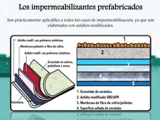 Los impermeabilizantes prefabricados
Son prácticamente aplicables a todos los casos de impermeabilización, ya que son
elaborados con asfaltos modificados.
 