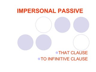 IMPERSONAL PASSIVE
THAT CLAUSE
TO INFINITIVE CLAUSE
 