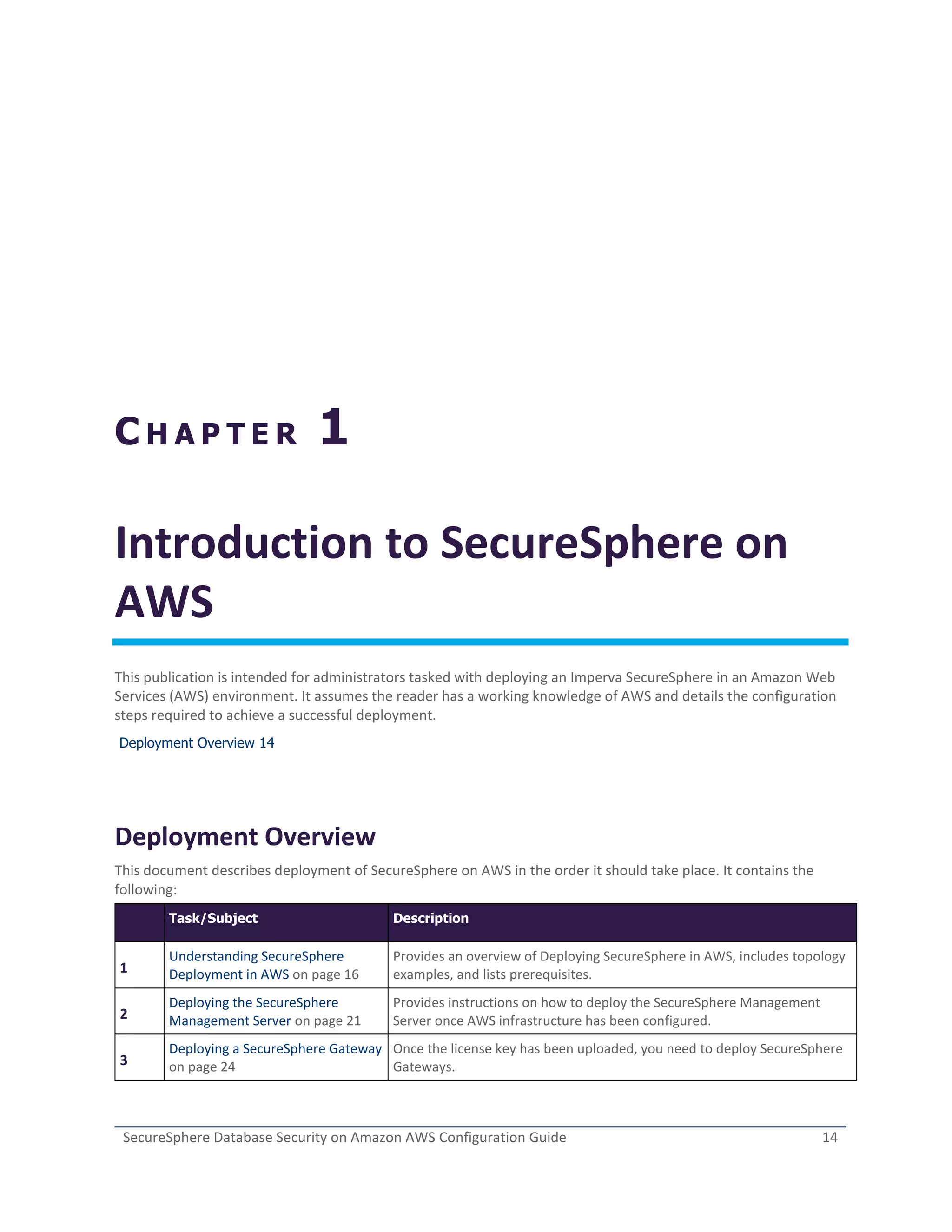 SecureSphere Database Security on Amazon AWS Configuration Guide 14
C H A P T E R 1
Introduction to SecureSphere on
AWS
This publication is intended for administrators tasked with deploying an Imperva SecureSphere in an Amazon Web
Services (AWS) environment. It assumes the reader has a working knowledge of AWS and details the configuration
steps required to achieve a successful deployment.
Deployment Overview 14
Deployment Overview
This document describes deployment of SecureSphere on AWS in the order it should take place. It contains the
following:
Task/Subject Description
1
Understanding SecureSphere
Deployment in AWS on page 16
Provides an overview of Deploying SecureSphere in AWS, includes topology
examples, and lists prerequisites.
2
Deploying the SecureSphere
Management Server on page 21
Provides instructions on how to deploy the SecureSphere Management
Server once AWS infrastructure has been configured.
3
Deploying a SecureSphere Gateway
on page 24
Once the license key has been uploaded, you need to deploy SecureSphere
Gateways.
 