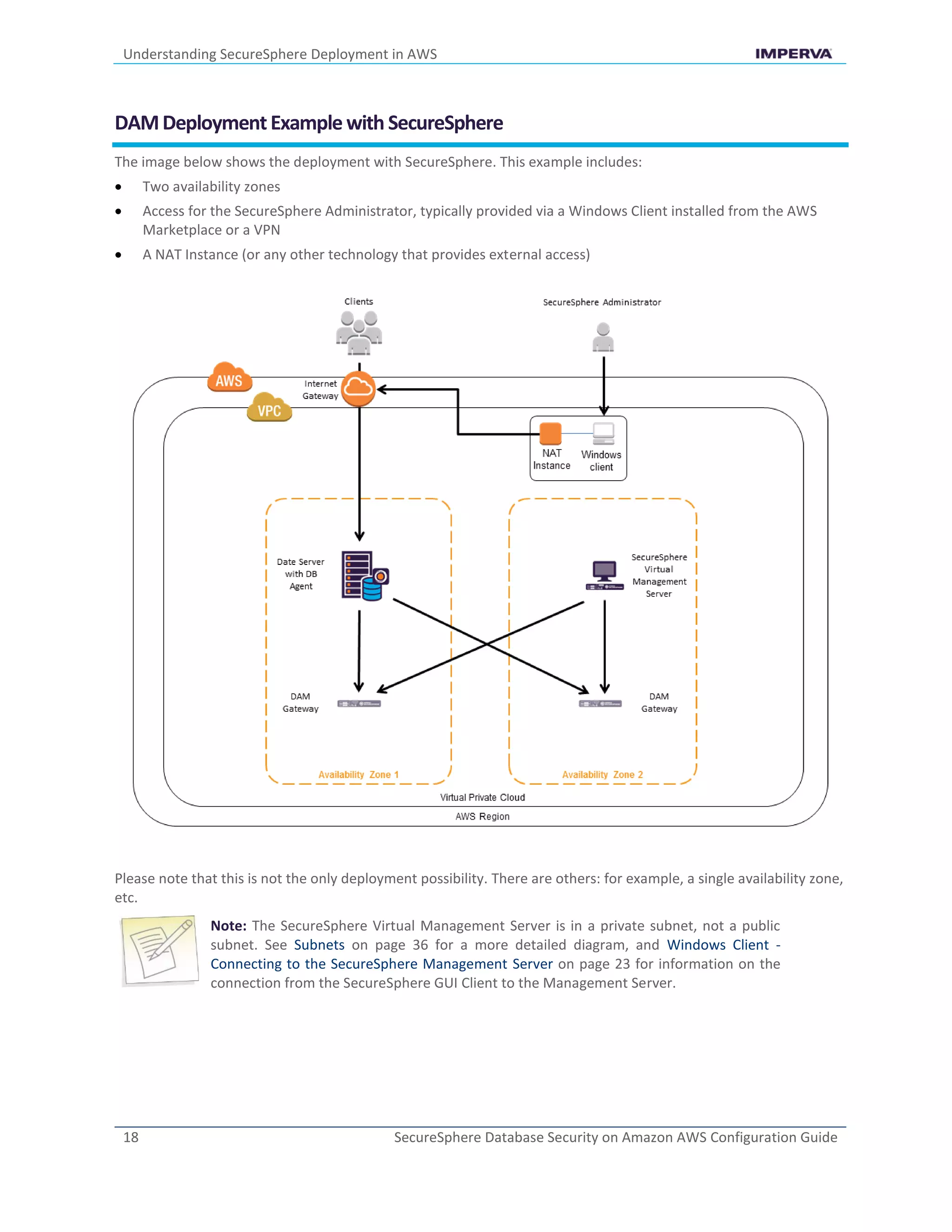 Understanding SecureSphere Deployment in AWS
18 SecureSphere Database Security on Amazon AWS Configuration Guide
DAMDeploymentExample with SecureSphere
The image below shows the deployment with SecureSphere. This example includes:
 Two availability zones
 Access for the SecureSphere Administrator, typically provided via a Windows Client installed from the AWS
Marketplace or a VPN
 A NAT Instance (or any other technology that provides external access)
Please note that this is not the only deployment possibility. There are others: for example, a single availability zone,
etc.
Note: The SecureSphere Virtual Management Server is in a private subnet, not a public
subnet. See Subnets on page 36 for a more detailed diagram, and Windows Client -
Connecting to the SecureSphere Management Server on page 23 for information on the
connection from the SecureSphere GUI Client to the Management Server.
 