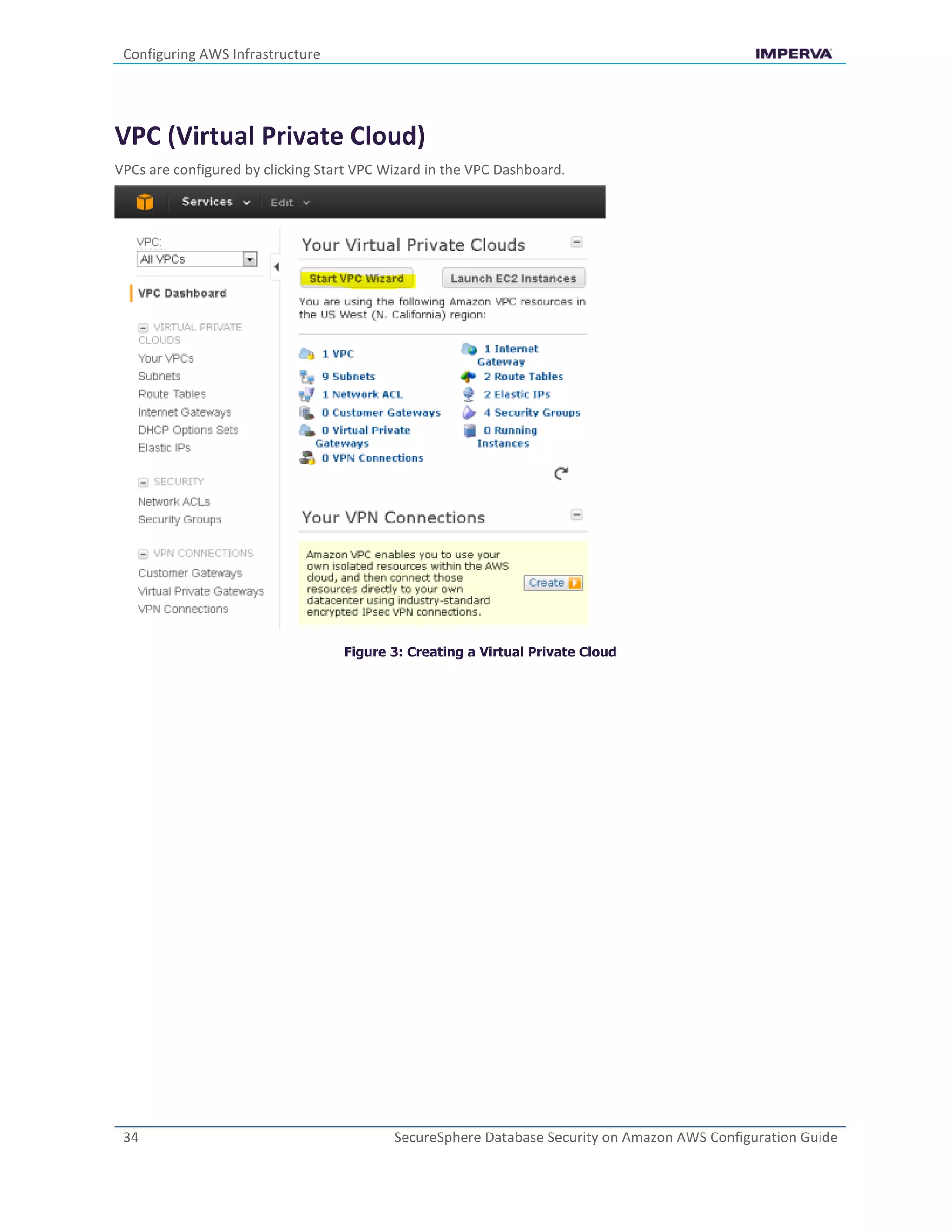 Configuring AWS Infrastructure
34 SecureSphere Database Security on Amazon AWS Configuration Guide
VPC (Virtual Private Cloud)
VPCs are configured by clicking Start VPC Wizard in the VPC Dashboard.
Figure 3: Creating a Virtual Private Cloud
 