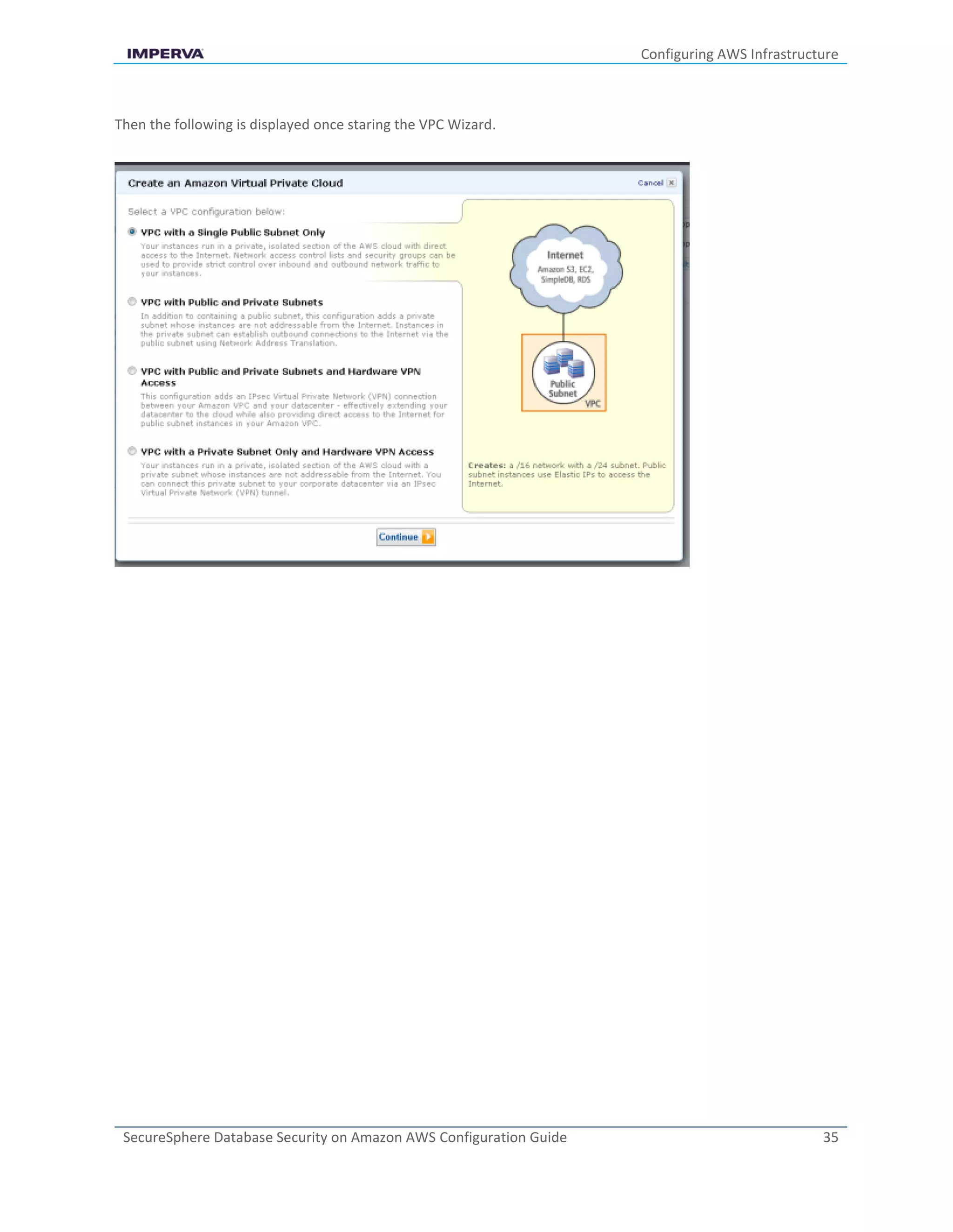 Configuring AWS Infrastructure
SecureSphere Database Security on Amazon AWS Configuration Guide 35
Then the following is displayed once staring the VPC Wizard.
 