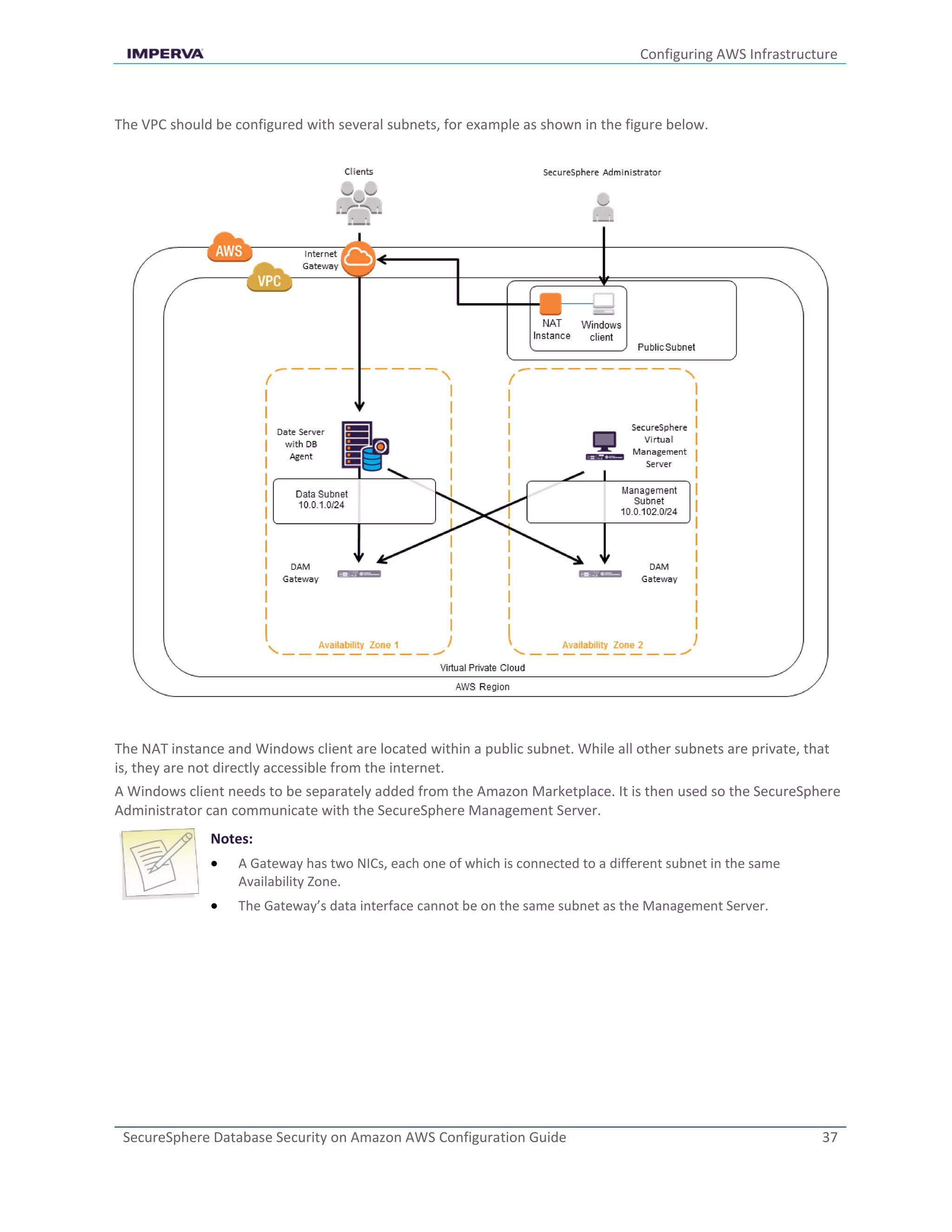 Configuring AWS Infrastructure
SecureSphere Database Security on Amazon AWS Configuration Guide 37
The VPC should be configured with several subnets, for example as shown in the figure below.
The NAT instance and Windows client are located within a public subnet. While all other subnets are private, that
is, they are not directly accessible from the internet.
A Windows client needs to be separately added from the Amazon Marketplace. It is then used so the SecureSphere
Administrator can communicate with the SecureSphere Management Server.
Notes:
 A Gateway has two NICs, each one of which is connected to a different subnet in the same
Availability Zone.
 The Gateway’s data interface cannot be on the same subnet as the Management Server.
 