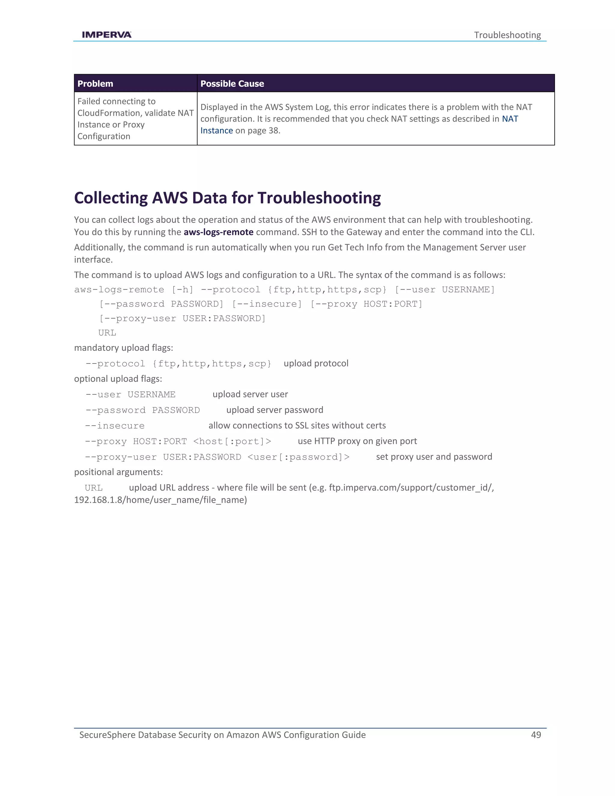 Troubleshooting
SecureSphere Database Security on Amazon AWS Configuration Guide 49
Problem Possible Cause
Failed connecting to
CloudFormation, validate NAT
Instance or Proxy
Configuration
Displayed in the AWS System Log, this error indicates there is a problem with the NAT
configuration. It is recommended that you check NAT settings as described in NAT
Instance on page 38.
Collecting AWS Data for Troubleshooting
You can collect logs about the operation and status of the AWS environment that can help with troubleshooting.
You do this by running the aws-logs-remote command. SSH to the Gateway and enter the command into the CLI.
Additionally, the command is run automatically when you run Get Tech Info from the Management Server user
interface.
The command is to upload AWS logs and configuration to a URL. The syntax of the command is as follows:
aws-logs-remote [-h] --protocol {ftp,http,https,scp} [--user USERNAME]
[--password PASSWORD] [--insecure] [--proxy HOST:PORT]
[--proxy-user USER:PASSWORD]
URL
mandatory upload flags:
--protocol {ftp,http,https,scp} upload protocol
optional upload flags:
--user USERNAME upload server user
--password PASSWORD upload server password
--insecure allow connections to SSL sites without certs
--proxy HOST:PORT <host[:port]> use HTTP proxy on given port
--proxy-user USER:PASSWORD <user[:password]> set proxy user and password
positional arguments:
URL upload URL address - where file will be sent (e.g. ftp.imperva.com/support/customer_id/,
192.168.1.8/home/user_name/file_name)
 