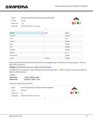 Hacker Intelligence Initiative, Monthly Trend Report




Inspecting the signature that allows ClamAV to detect the embedded code, reveals that it is a binary signature – thus very
likely to be case sensitive
PHP.Hide-1:0:0:ffd8ffe0?0104a464946{-4000}3c3f706870(0d|20|0a)
3c3f706870 is hex encoding for <?php. Changing the case of the begin tag (i.e. “<?Php” ) evades the signature, but does not
hinder its ability to execute.




The picture evades detction by all AV:




Report #8, April 2012                                                                                                        13
 