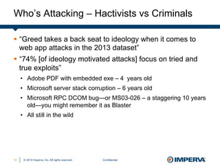 © 2014 Imperva, Inc. All rights reserved.
Who’s Attacking – Hactivists vs Criminals
Confidential10
§  “Greed takes a back seat to ideology when it comes to
web app attacks in the 2013 dataset”
§  “74% [of ideology motivated attacks] focus on tried and
true exploits”
•  Adobe PDF with embedded exe – 4 years old
•  Microsoft server stack corruption – 6 years old
•  Microsoft RPC DCOM bug—or MS03-026 – a staggering 10 years
old—you might remember it as Blaster
•  All still in the wild
 
