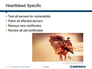 © 2014 Imperva, Inc. All rights reserved.
Heartbleed Specific
Confidential34
§  Test all servers for vulnerability
§  Patch all affected servers
§  Reissue new certificates
§  Revoke all old certificates
Source: http://www.secnews.gr/archives/78340
 