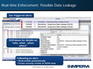 Real-time Enforcement: Possible Data Leakage

    See triggered alerts




    Drill down for details on
      “who, what , when,
             where”




           Following an alert:
           • Send emails automatically
           • Create security events in SIEM tools
                           © 2012 Imperva, Inc. All rights reserved.
 