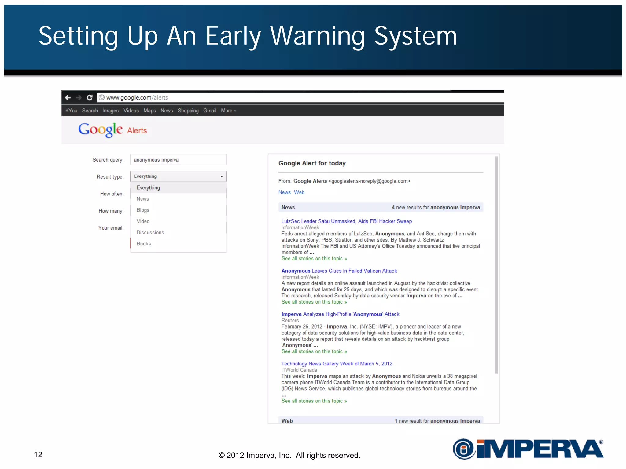Setting Up An Early Warning System




12             © 2012 Imperva, Inc. All rights reserved.
 