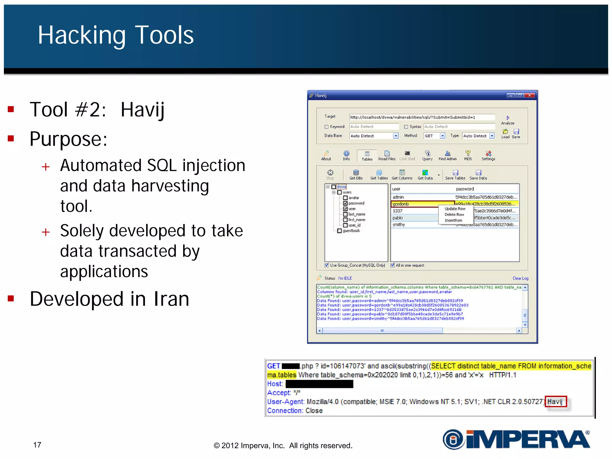 Hacking Tools

 Tool #2: Havij
 Purpose:
   + Automated SQL injection
     and data harvesting
     tool.
   + Solely developed to take
     data transacted by
     applications
 Developed in Iran




  17                     © 2012 Imperva, Inc. All rights reserved.
 