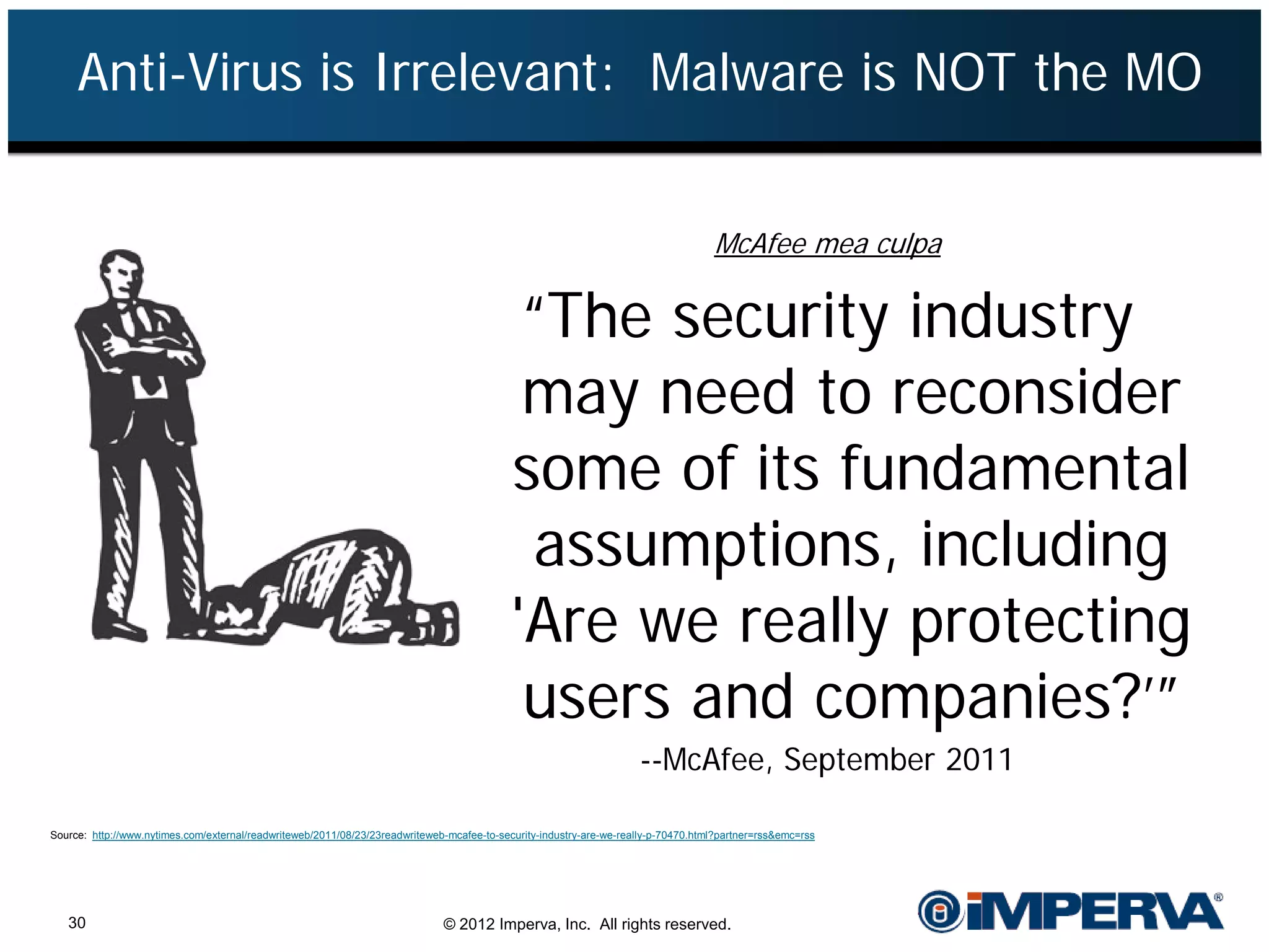 Anti-Virus is Irrelevant: Malware is NOT the MO


                                                                                                                                    McAfee mea culpa

                                                                                             “The security industry
                                                                                             may need to reconsider
                                                                                            some of its fundamental
                                                                                             assumptions, including
                                                                                            'Are we really protecting
                                                                                             users and companies?’”
                                                                                                                     --McAfee, September 2011

Source: http://www.nytimes.com/external/readwriteweb/2011/08/23/23readwriteweb-mcafee-to-security-industry-are-we-really-p-70470.html?partner=rss&emc=rss




   30                                                                         © 2012 Imperva, Inc. All rights reserved.
 