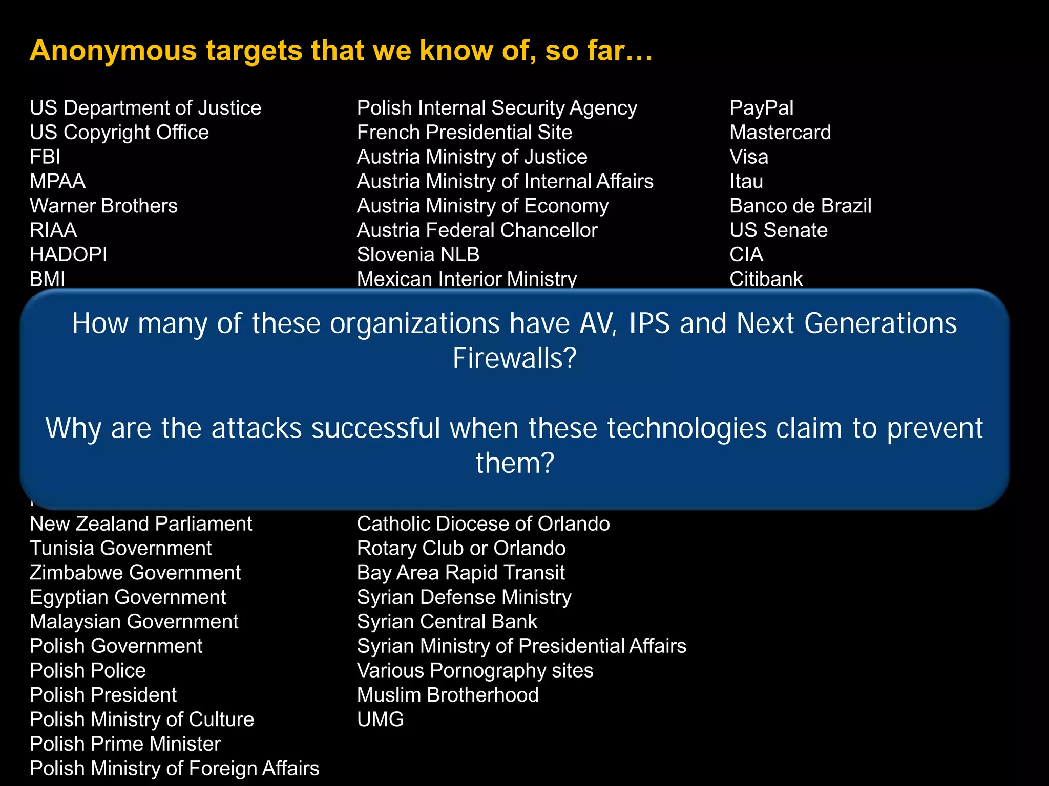 Anonymous targets that we know of, so far…
US Department of Justice           Polish Internal Security Agency             PayPal
US Copyright Office                French Presidential Site                    Mastercard
FBI                                Austria Ministry of Justice                 Visa
MPAA                               Austria Ministry of Internal Affairs        Itau
Warner Brothers                    Austria Ministry of Economy                 Banco de Brazil
RIAA                               Austria Federal Chancellor                  US Senate
HADOPI                             Slovenia NLB                                CIA
BMI                                Mexican Interior Ministry                   Citibank
Sony                               Mexican Senate                              Caixa
AmazonHow many of these organizations have AV, IPS and Next Generations
                                   Mexican Chamber of Deputies
Church of Scientology                             Firewalls?
                                   Irish Department of Justice
SOHH                               Irish Department of Finance
Office of the AU Prime Minister    Greek Department of Justice
  Why are the attacks successfulNational Democratic Party
AU House of Parliament             Egyptian when these technologies claim to prevent
AU Department of Communications HBGary Federal
Swiss bank PostFinance             Spanish Police      them?
Fine Gael                          Orlando Chamber of Commerce
New Zealand Parliament             Catholic Diocese of Orlando
Tunisia Government                 Rotary Club or Orlando
Zimbabwe Government                Bay Area Rapid Transit
Egyptian Government                Syrian Defense Ministry
Malaysian Government               Syrian Central Bank
Polish Government                  Syrian Ministry of Presidential Affairs
Polish Police                      Various Pornography sites
Polish President                   Muslim Brotherhood
Polish Ministry of Culture         UMG
Polish Prime Minister
   35                                © 2012 Imperva, Inc. All rights reserved.
Polish Ministry of Foreign Affairs
 