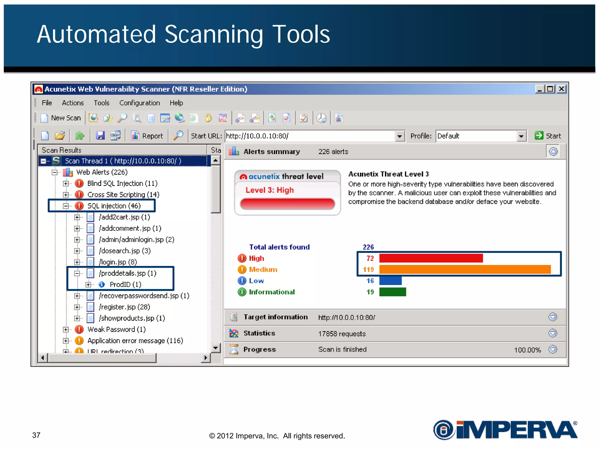 Automated Scanning Tools




37             © 2012 Imperva, Inc. All rights reserved.
 