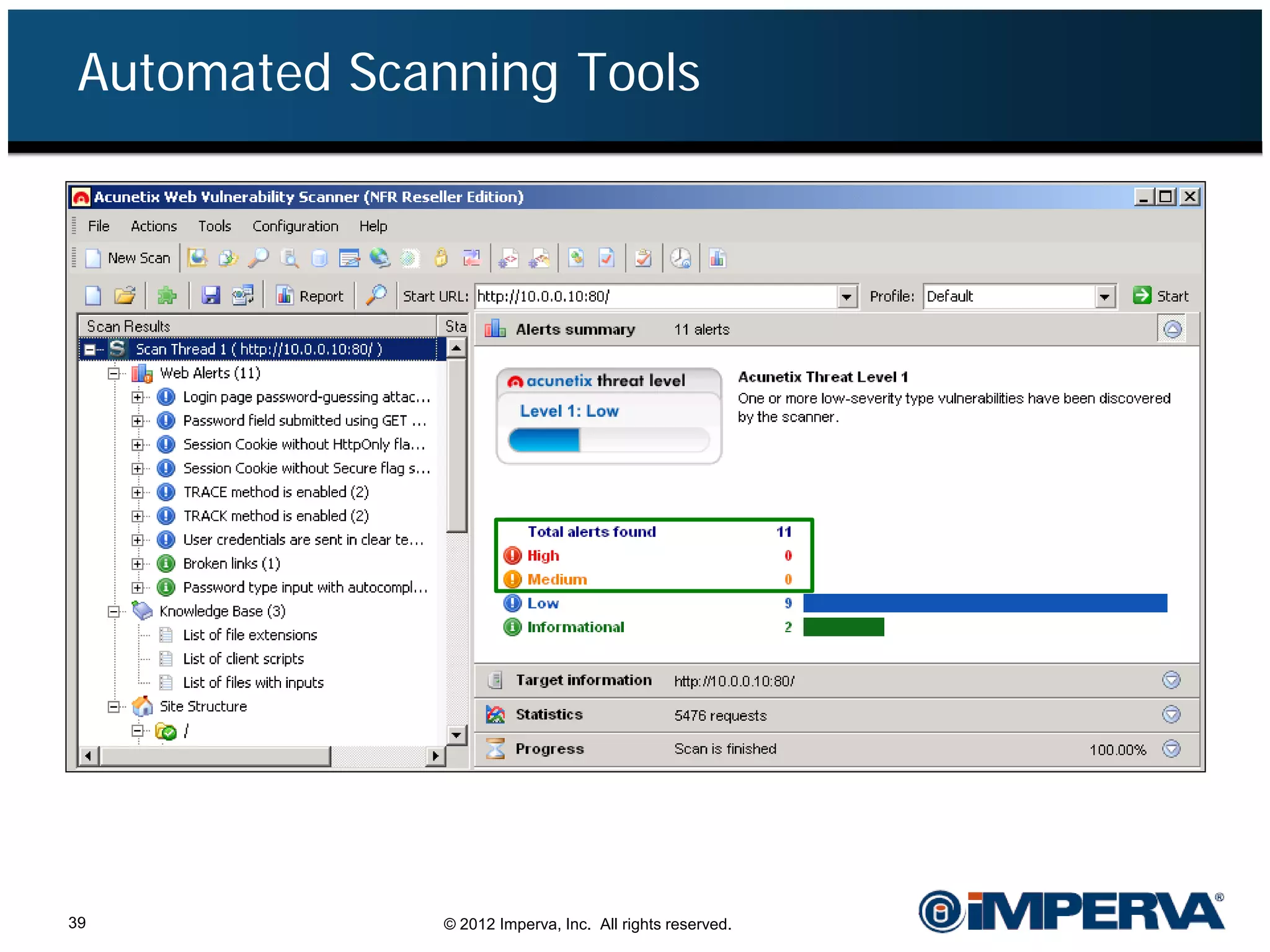 Automated Scanning Tools




39             © 2012 Imperva, Inc. All rights reserved.
 