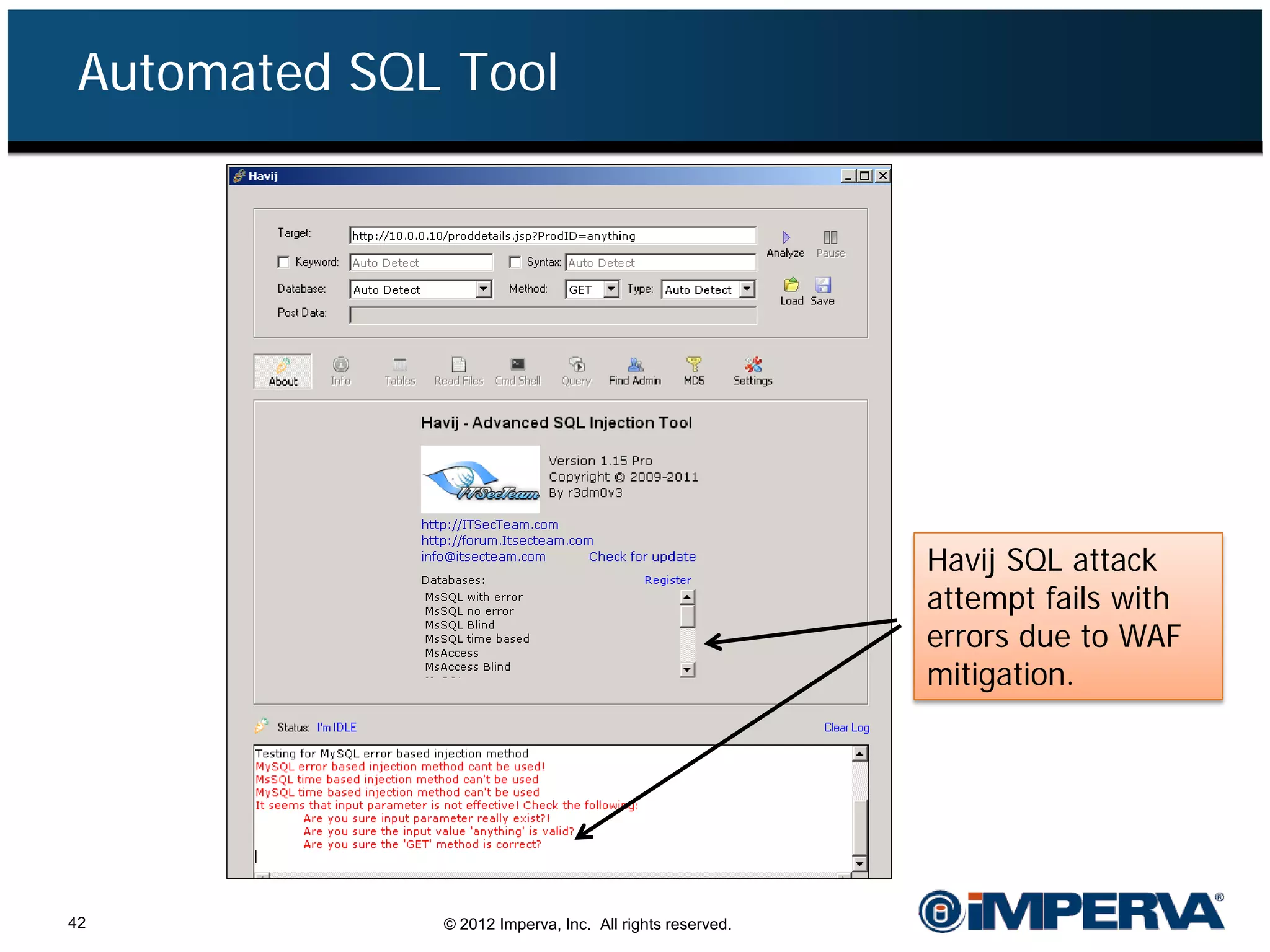 Automated SQL Tool




                                                          Havij SQL attack
                                                          attempt fails with
                                                          errors due to WAF
                                                          mitigation.




42            © 2012 Imperva, Inc. All rights reserved.
 