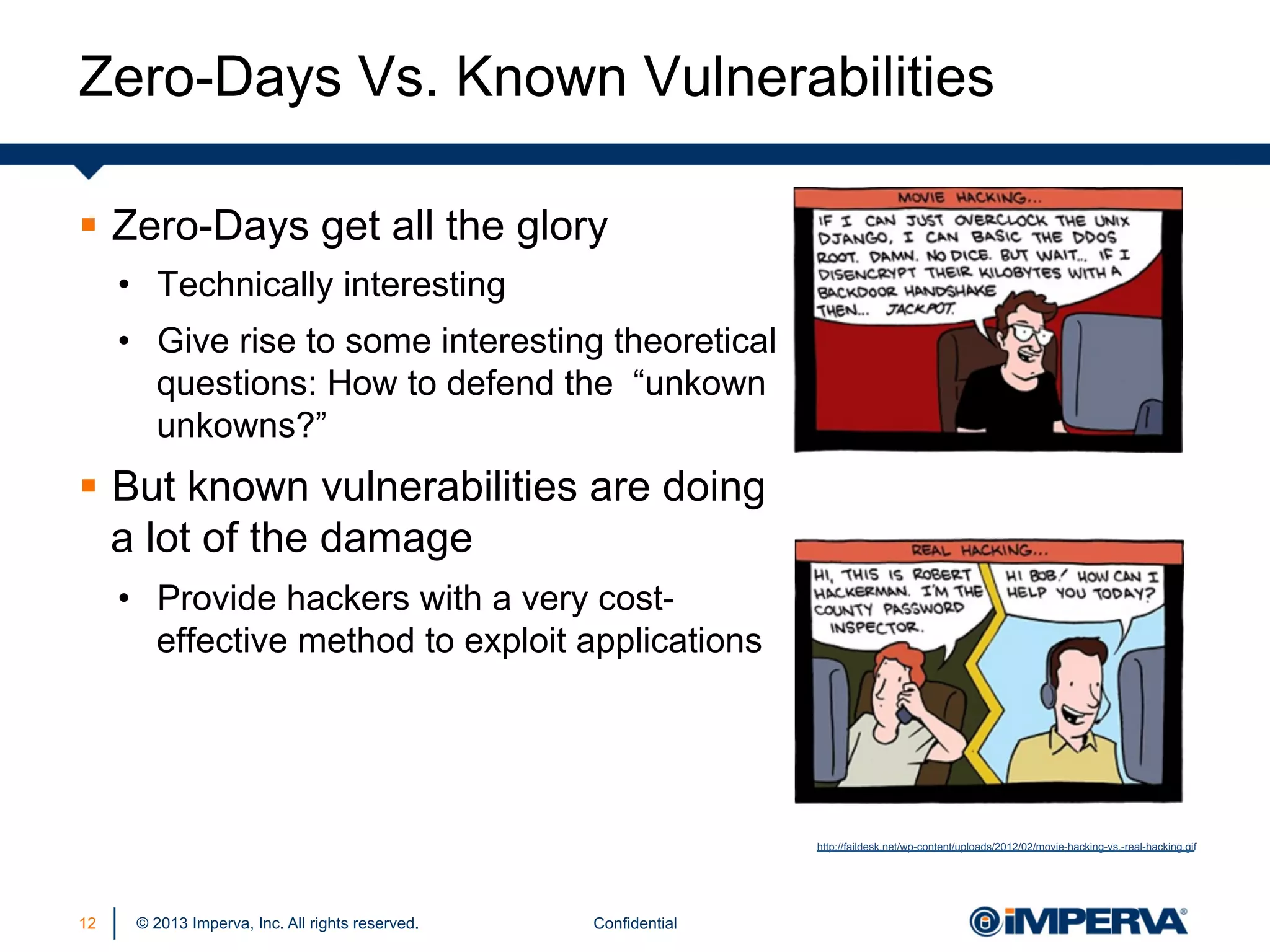 Zero-Days Vs. Known Vulnerabilities
§  Zero-Days get all the glory
•  Technically interesting
•  Give rise to some interesting theoretical
questions: How to defend the “unkown
unkowns?”

§  But known vulnerabilities are doing
a lot of the damage
•  Provide hackers with a very costeffective method to exploit applications

http://faildesk.net/wp-content/uploads/2012/02/movie-hacking-vs.-real-hacking.gif

12

© 2013 Imperva, Inc. All rights reserved.

Confidential

 