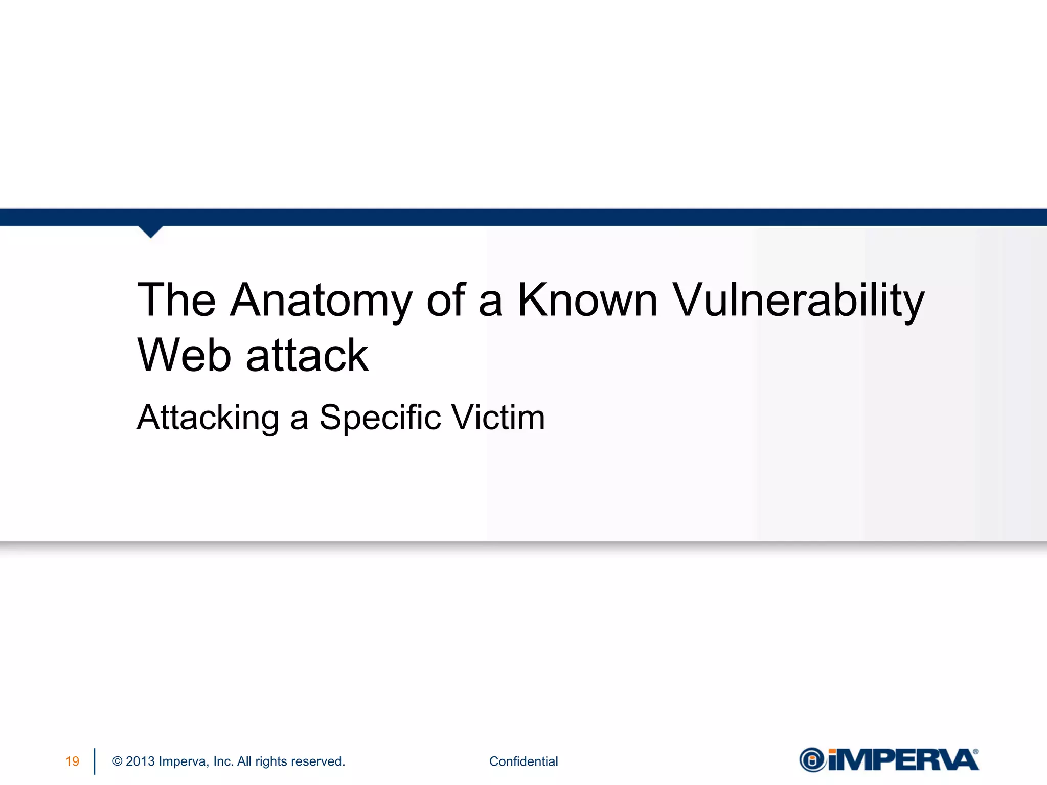 The Anatomy of a Known Vulnerability
Web attack
Attacking a Specific Victim

19

© 2013 Imperva, Inc. All rights reserved.

Confidential

 