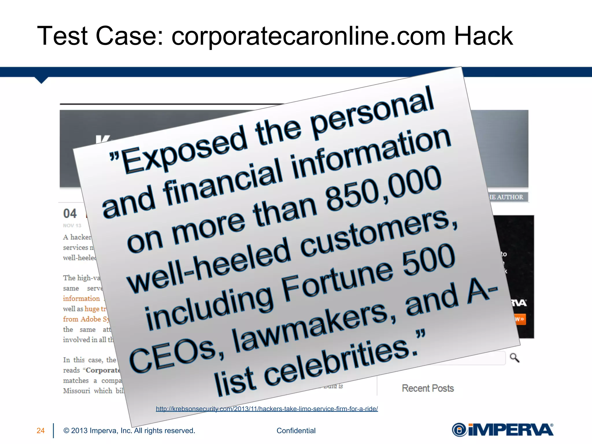 Test Case: corporatecaronline.com Hack

http://krebsonsecurity.com/2013/11/hackers-take-limo-service-firm-for-a-ride/

24

© 2013 Imperva, Inc. All rights reserved.

Confidential

 