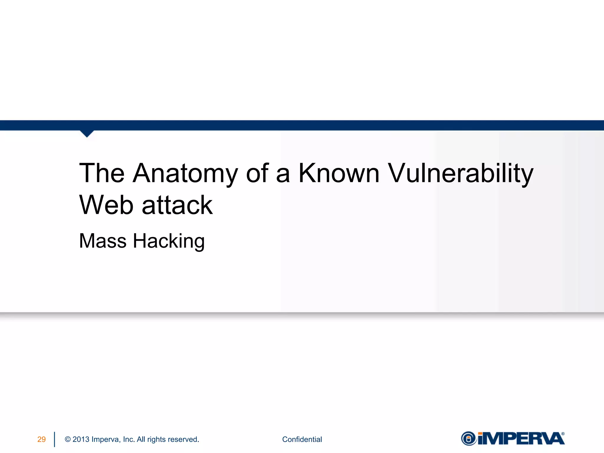 The Anatomy of a Known Vulnerability
Web attack
Mass Hacking

29

© 2013 Imperva, Inc. All rights reserved.

Confidential

 
