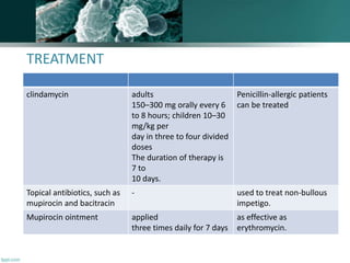 TREATMENT
clindamycin adults
150–300 mg orally every 6
to 8 hours; children 10–30
mg/kg per
day in three to four divided
doses
The duration of therapy is
7 to
10 days.
Penicillin-allergic patients
can be treated
Topical antibiotics, such as
mupirocin and bacitracin
- used to treat non-bullous
impetigo.
Mupirocin ointment applied
three times daily for 7 days
as effective as
erythromycin.
 