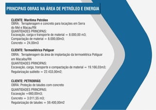 PRINCIPAIS OBRAS NA ÁREA DE PETRÓLEO E ENERGIA

  CLIENTE: Marítima Petróleo
  OBRA: Terraplenagem e concreto para locações em Serra
  do Mel e Macau/RN
  QUANTIDADES PRINCIPAIS:
  Escavação, carga e transporte de material = 8.000,00 m3;
  Compactação de material = 8.000,00m3;
  Concreto = 24,00m3

  CLIENTE: Termoelétrica Potiguar
  OBRA: Terraplenagem da área de implantação da termoelétrica Potiguar
  em Macaíba/RN
  QUANTIDADES PRINCIPAIS:
  Escavação, carga, transporte e compactação de material = 19.166,03m3;
  Regularização subleito = 22.433,00m2;

  CLIENTE: PETROBRÁS
  OBRA: Proteção de taludes com concreto
  QUANTIDADES PRINCIPAIS:
  Escavação =660,00m3;
  Concreto = 3.011,55 m3;
  Regularização de taludes = 59.400,00m2
 
