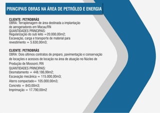 PRINCIPAIS OBRAS NA ÁREA DE PETRÓLEO E ENERGIA

 CLIENTE: PETROBRÁS
 OBRA: Terraplenagem de área destinada a implantação
 de aerogeradores em Macau/RN
 QUANTIDADES PRINCIPAIS:
 Regularização do sub leito =20.000,00m2;
 Escavação, carga e transporte de material para
 revestimento = 5.630,00m3;

 CLIENTE: PETROBRÁS
 OBRA: Dois últimos contratos de preparo, pavimentação e conservação
 de locações e acessos de locação na área de atuação no Núcleo de
 Produção de Mossoró /RN
 QUANTIDADES PRINCIPAIS:
 Desmatamento = 448.186,99m2;
 Escavação mecânica = 115.000,00m3;
 Aterro compactado= 105.000,00m3;
 Concreto = 843,00m3;
 Imprimação = 17.790,00m2
 