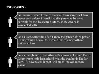 USES CASES 1As  an user,  when I receive an email from someone I have never seen before, I would like this person to be more tangible for me  by seeing his face, know who he is connected with. €As an user, sometime I don’t know the gender of the person I am writing an email to. I would like to know without asking to him€As an user, before connecting with someone, I would like to know where he is located and what the weather is like for him. If I have to call him, it  will make  the connection easier. €