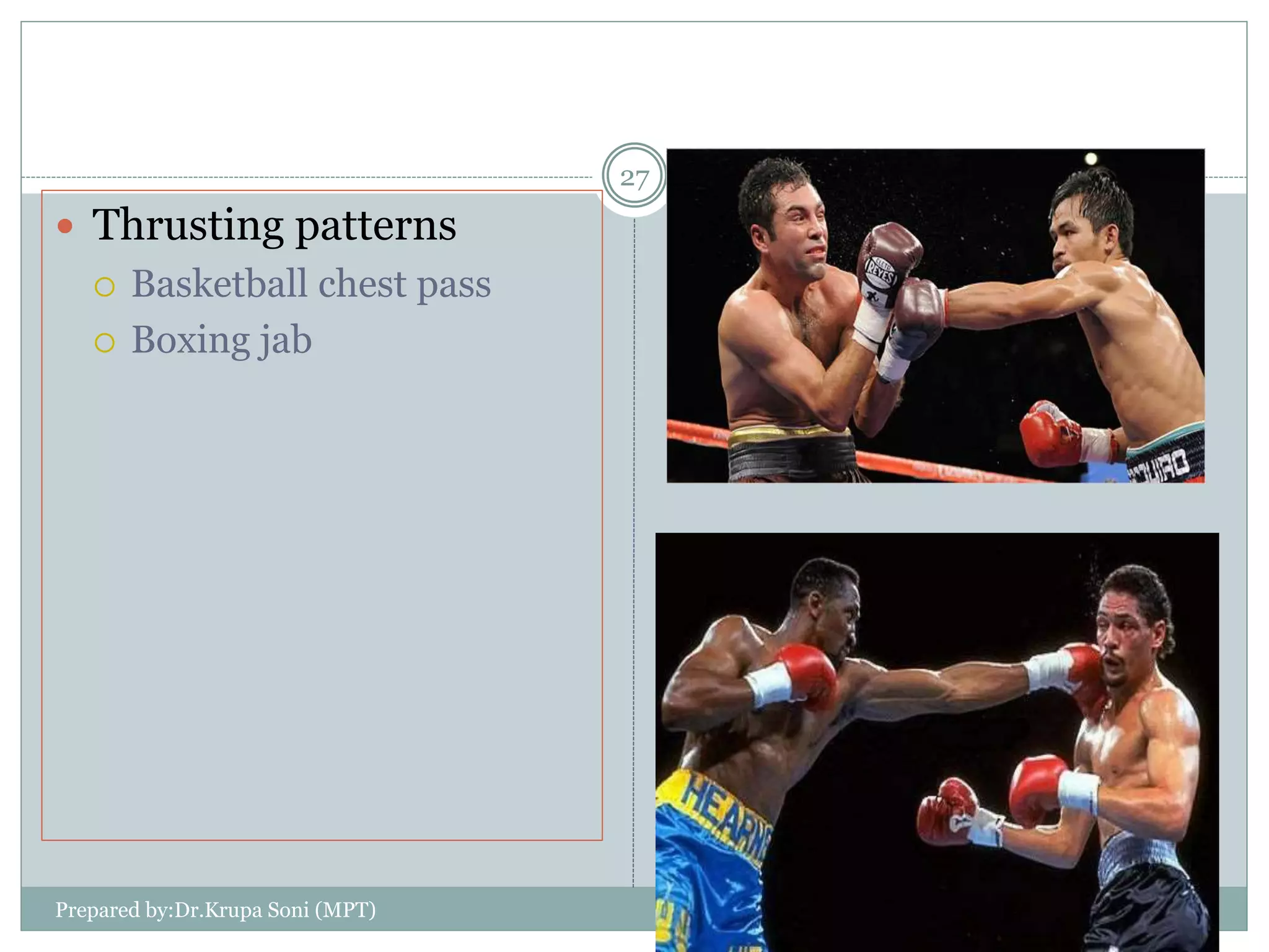 Prepared by:Dr.Krupa Soni (MPT)
27
 Thrusting patterns
 Basketball chest pass
 Boxing jab
 