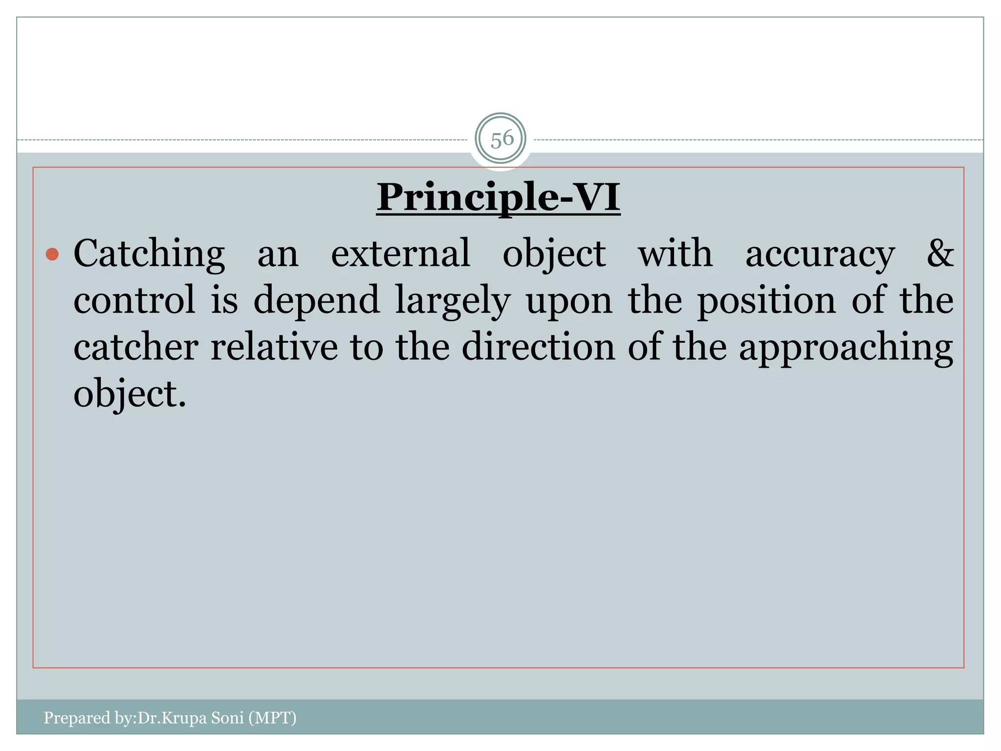 Prepared by:Dr.Krupa Soni (MPT)
56
Principle-VI
 Catching an external object with accuracy &
control is depend largely upon the position of the
catcher relative to the direction of the approaching
object.
 