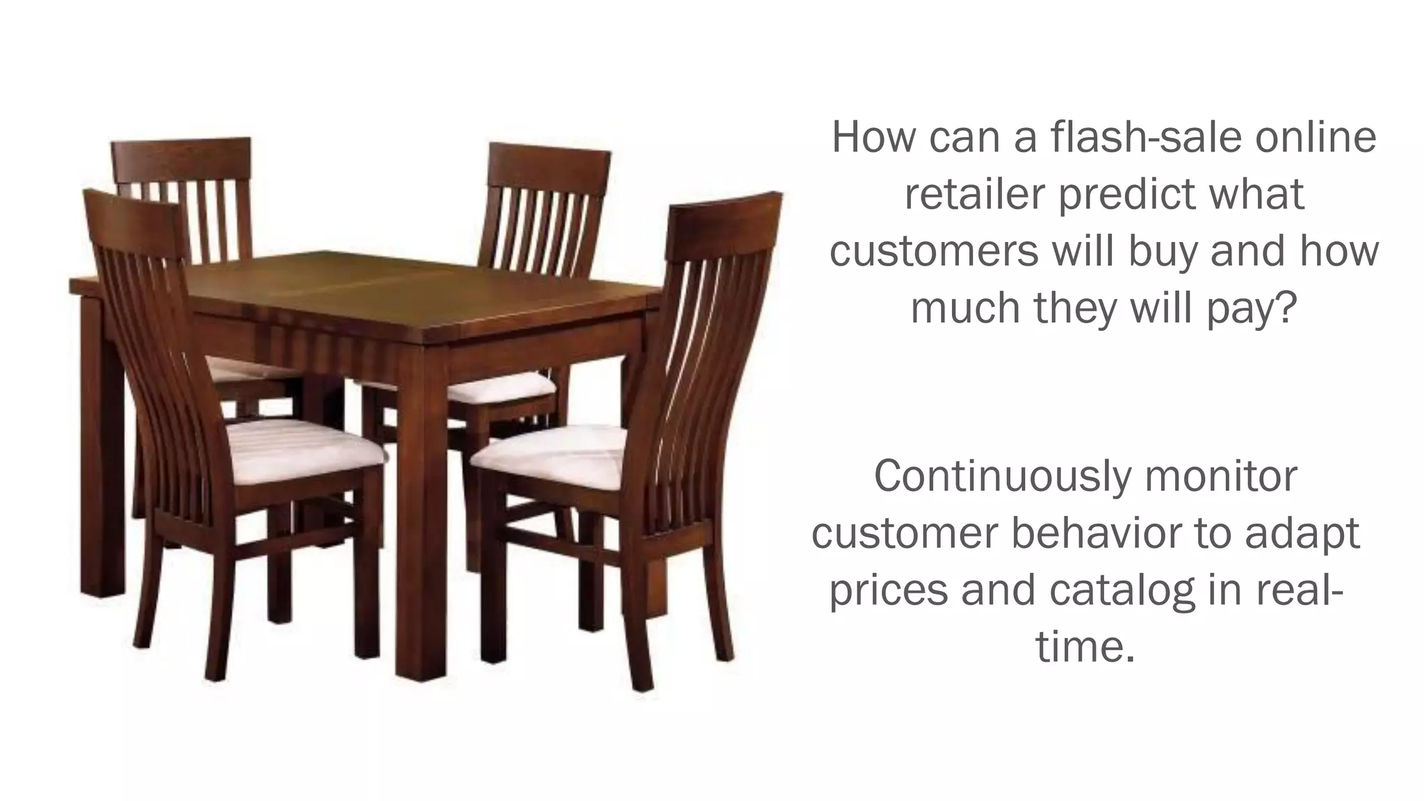 How can a flash-sale online
retailer predict what
customers will buy and how
much they will pay?
Continuously monitor
customer behavior to adapt
prices and catalog in real-
time.
 