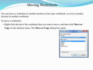 Moving Worksheets
You can move a worksheet to another location in the same workbook, or even to another
location in another workbook.
To move a worksheet:
• Right-click the tab of the worksheet that you want to move, and then click Move or
Copy on the shortcut menu. The Move or Copy dialog box opens
 