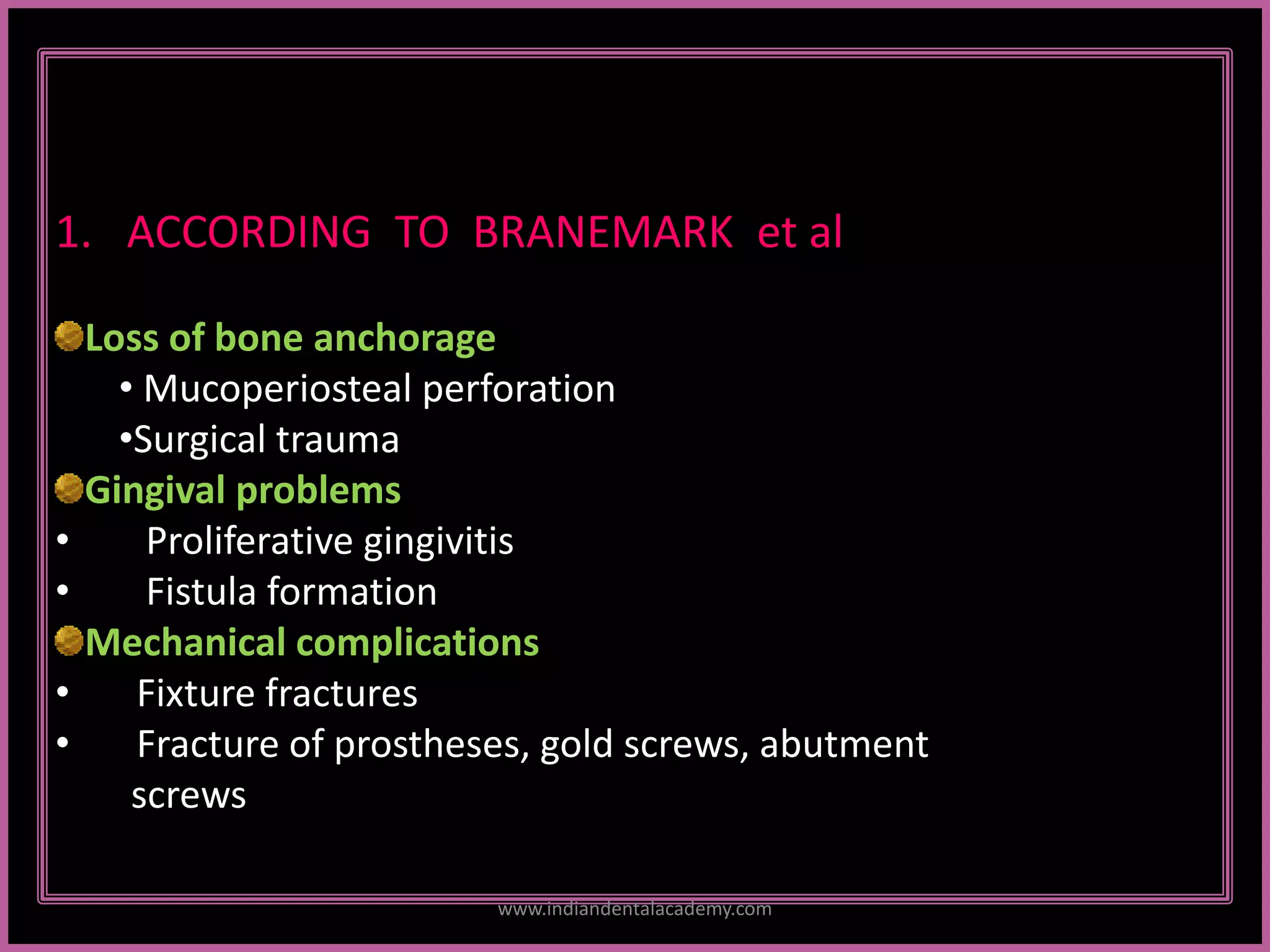 1. ACCORDING TO BRANEMARK et al
Loss of bone anchorage
• Mucoperiosteal perforation
•Surgical trauma
Gingival problems
• Proliferative gingivitis
• Fistula formation
Mechanical complications
• Fixture fractures
• Fracture of prostheses, gold screws, abutment
screws
www.indiandentalacademy.com
 