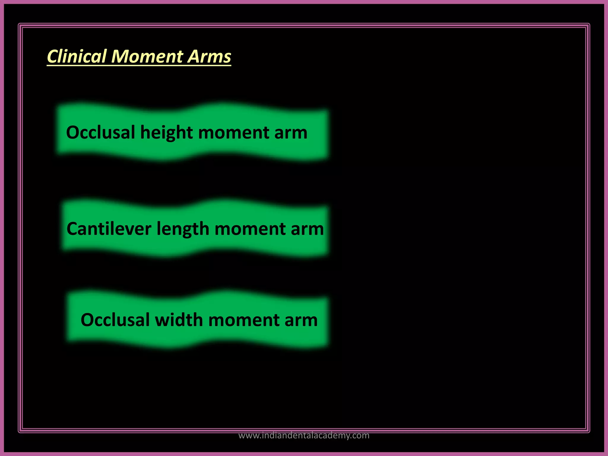 Clinical Moment Arms
Cantilever length moment arm
Occlusal height moment arm
Occlusal width moment arm
.
www.indiandentalacademy.com
 