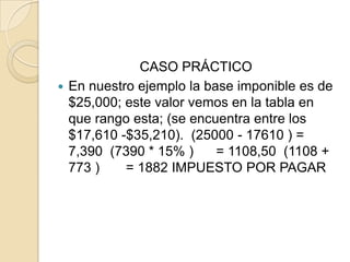 CASO PRÁCTICO
 En nuestro ejemplo la base imponible es de
  $25,000; este valor vemos en la tabla en
  que rango esta; (se encuentra entre los
  $17,610 -$35,210). (25000 - 17610 ) =
  7,390 (7390 * 15% )     = 1108,50 (1108 +
  773 )    = 1882 IMPUESTO POR PAGAR
 