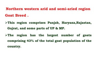 Northern western arid and semi-aried region
Goat Breed .
This region comprises Punjab, Haryana,Rajastan,
Gujrat, and some parts of UP & MP.
The region has the largest number of goats
comprising 43% of the total goat population of the
country.
 