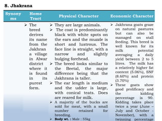  The
breed
derives
its name
from the
Jakhran
a village
in Alwar
district
where it
is found
in its
purest
form.
 They are large animals.
 The coat is predominantly
black with white spots on
the ears and the muzzle is
short and lustrous. The
face line is straight, with a
narrow and slightly
bulging forehead.
 The breed looks similar to
the Beetal, the major
difference being that the
Jakhrana is taller.
 The ear length is medium
and the udder is large,
with conical teats. Does
are reared for milk.
 A majority of the bucks are
sold for meat, with a small
number retained for
breeding.
 Body wt. : Male : 55kg
 Jakhrana goats graze
on natural pastures
but can also be
managed on stall
feeding. This breed is
well known for its
milk potential
averaging a daily
yield between 2 to 5
litres. The milk has
a relatively higher fat
content (5.06%), SNF
(8.60%) and protein
(3.70%).
 These goats show
good prolificacy and
the kidding
percentage is 90.
Kidding takes place
twice a year (June –
July and October -
November), with a
twinning percentage
8. Jhakrana
 