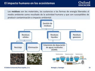 © Oxford University Press España, S. A. Biología y Geología 15
El impacto humano en los ecosistemas
Los residuos son los materiales, las sustancias o las formas de energía liberados al
medio ambiente como resultado de la actividad humana y que son susceptibles de
producir contaminación o impacto ambiental.
Gestión de
residuos
Residuos
sólidos
Reciclaje Eliminación
Residuos
líquidos
Estaciones de depuración
de aguas residuales
(EDAR)
Residuos
gaseosos
 