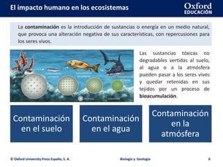 © Oxford University Press España, S. A. Biología y Geología 6
El impacto humano en los ecosistemas
La contaminación es la introducción de sustancias o energía en un medio natural,
que provoca una alteración negativa de sus características, con repercusiones para
los seres vivos.
Las sustancias tóxicas no
degradables vertidas al suelo,
al agua o a la atmósfera
pueden pasar a los seres vivos
y quedar retenidas en sus
tejidos por un proceso de
bioacumulación.
Contaminación
en el suelo
Contaminación
en el agua
Contaminación
en la
atmósfera
 