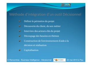 Méthode d’intégration d’un outil Décisionnel
                  Définir le périmètre du projet

                  Découverte du client, de son métier

                  Interview des acteurs clés du projet

                  Découpage des besoins en thèmes

                  Construction de l’environnement d’aide à la
                  décision et réalisation

                  Capitalisation



E-Rencontres : Business Intelligence - Décisionnel         20 mai 2010 à Pau
 