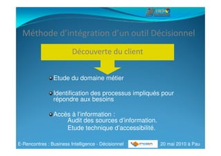 Méthode d’intégration d’un outil Décisionnel
                         Découverte du client


                Etude du domaine métier

                Identification des processus impliqués pour
                répondre aux besoins

                Accès à l’information :
                    Audit des sources d’information.
                    Etude technique d’accessibilité.

E-Rencontres : Business Intelligence - Décisionnel     20 mai 2010 à Pau
 