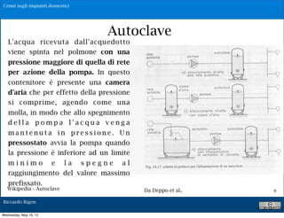 Cenni sugli impianti domestici




                                  Autoclave
   L'acqua ricevuta dall'acquedotto
   viene spinta nel polmone con una
   pressione maggiore di quella di rete
   per azione della pompa. In questo
   contenitore è presente una camera
   d'aria che per effetto della pressione
   si comprime, agendo come una
   molla, in modo che allo spegnimento
   della pompa l'acqua venga
   mantenuta in pressione. Un
   pressostato avvia la pompa quando
   la pressione è inferiore ad un limite
   minimo e la spegne al
   raggiungimento del valore massimo
   prefissato.
   Wikipedia - Autoclave                    Da Deppo et al.   9

Riccardo Rigon

Wednesday, May 16, 12
 