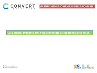 E info@convertitalia.com
W www.convertitalia.com
Caso studio: impianto 199 kWe alimentato a cippato di abete rosso
GASSIFICAZIONE SOSTENIBILE DELLE BIOMASSE
 