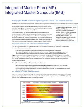 Developingthe IMP/IMS isa Systemsengineeringprocess – not just a cost and schedule exercise.
The IMPandIMS describe the programmatic architecture of the proposalandthe basisof successfor the executionof the program.
Niwot Ridge’s approach to IMP/IMS development starts bycapturing the win
themese, assuring theyare traceable to the Significnate Accomplishments and
Accomplishment Criteriafor eachProrgam Event.
Startingwith the RFP, our IMP/IMS development processestablishes the
Accomplishments and Criterianeededto assure that the increasingmaturityof
the program is made visible in the proposal. Thismeans that the Technical
Performance Measures, contractual deliverables, and supportingdevelopment
activitiesare verticallytraceable to Program Events. As well these activities are
horizontallytraceable to a risk adjustedcredible IntegratedMaster Schedule.
Programmatic Architecture starts with the Proposal Submittal IMP/IMS
The IMP/IMS developedfor the proposal submittal is the foundationfor the program’s successful evaluationand
selection. Thissuccessis assuredby:
 Clear andconcise definitionof the Verticle and Horizontaltraceabilityfor all deliverables
 Definitionof Physical Percent Complete, Technical Performance Measures, andthe programmatic and
technical risk assoaictedwitheachdeliverable andthe effort neededto produce those deliverables.
Figure 1 describesthe general approachto increasing maturityof a proposal IMP/IMS development process. Our
process steps assure the resultingsubmittalis not onlycompliant withthe RFP, but also differentiates the submittal’s
win themes in the IMS to show the buyer how the program canconfidentlydeliver onthe requiredproducts or
service stated inthe RFP.
The Performance BasedProject Management® approach assures:
 All Significant Accomplishements derivedfrom the WorkBreakdown Structure, CDRLs, DIDs andother
contractual deliverables for each ProgramEvent are Identifyied.
 Each Significnat Accomplishment and its Accomplishment Criteria are show the increasingmaturityof the
deliverable products or services.
Our Capabilities are Based on Direct Field Experience
Using the process in Figure 1 Niwot Ridge has providedIMP/IMS development leadershipto aerospace, defense and
civil government proposal teams. This leadershipstarts ondayone of the proposal. Usingour IMP/IMS Step-by-Step
process, each Niwot Ridge consultant is guided bya detailed
Integrated Master Plan (IMP)
Integrated Master Schedule (IMS)
 Usinga ProductDevelopment Kaizen
(PDK) our IMP development process
provides a seamless connection
between the RFP and an executable
Integrated Master Schedule.
 Our IMP/IMS submittals are
execution ready, with risk adjusted,
baselined cost,schedule,and
technical performancemeasures.
Figure 1 –lifecycle for the development of proposalsubmittal IMP/IMS
 